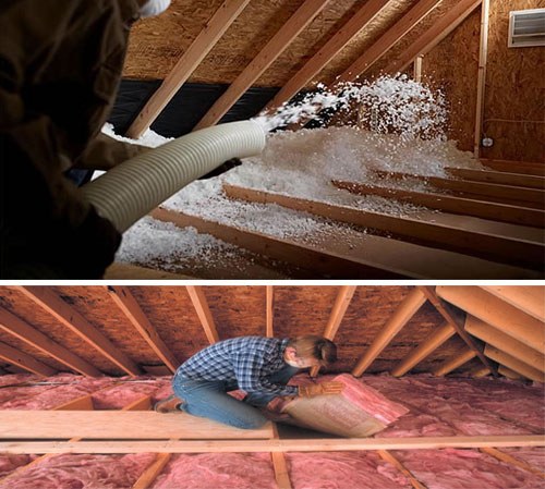 Worker installing insulation in an attic